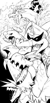 absurdres aggron animal_focus black_sclera blank_eyes breath_weapon breathing_fire charizard claws colored_sclera crocodilian dinosaur dragon dynamax fire garchomp gegegekman gen_1_pokemon gen_2_pokemon gen_3_pokemon gen_4_pokemon gen_5_pokemon gen_6_pokemon gigantamax gigantamax_charizard gills greyscale highres horns krookodile monochrome nintendo no_humans open_mouth pokemon pokemon_(creature) scales shark sharp_teeth slit_pupils smoke teeth trait_connection tyranitar tyrantrum wings
