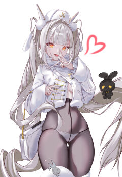 Rule 34 | 1girl, absurdres, bag, black pantyhose, black rabbit (animal), blanc (fortune express) (nikke), blanc (nikke), breasts, coat, dabrew, goddess of victory: nikke, grey hair, handbag, hashtag-only commentary, hat, highres, long hair, looking at viewer, official alternate costume, official alternate hairstyle, panties, panties under pantyhose, pantyhose, rabbit, simple background, small breasts, solo, thighs, twintails, underwear, very long hair, white background, white coat, white hat, white panties, winter clothes, winter coat, yellow eyes