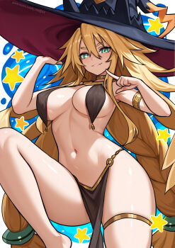 1girl armlet armpits black_hat blonde_hair breast_curtains breasts green_eyes hair_between_eyes hat highres jewelry long_hair looking_at_viewer majo_to_hyakkihei medium_breasts metallica_(majo_to_hyakkihei) navel pelvic_curtain redjet smile solo thigh_strap thighs witch_hat