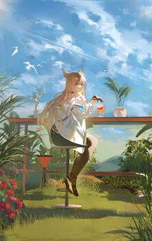 Rule 34 | 1girl, absurdres, animal ears, arknights, arknights: endfield, bar stool, bare shoulders, bird, black choker, black gloves, black pantyhose, black shoes, blonde hair, blue eyes, blue sky, brown pantyhose, choker, cloud, cloudy sky, cocktail glass, commentary request, contrail, cup, day, drinking glass, earrings, flower, full body, gloves, grass, high heels, highres, holding, holding cup, jacket, jewelry, long hair, long sleeves, looking at viewer, minhongchen, off shoulder, on stool, open clothes, open jacket, outdoors, pantyhose, perlica (arknights), plant, potted plant, red flower, red rose, rose, shoes, sitting, sky, solo, stool, very long hair, white jacket