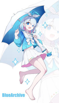1girl absurdres aqua_hair arona_(blue_archive) barefoot blue_archive blue_eyes blue_halo blue_shirt blue_umbrella blush bow bow_hairband bowtie braid choker collarbone colored_inner_hair commentary copyright_name feet full_body hair_ornament hair_over_one_eye hairband halo hands_up highres holding holding_umbrella irain knees_together_feet_apart long_sleeves looking_at_viewer midriff multicolored_hair navel open_mouth pink_hair pink_skirt pleated_skirt puffy_long_sleeves puffy_sleeves sailor_collar school_uniform serafuku shirt short_hair side_braid single_braid skirt smile solo sparkle stuffed_whale symbol-only_commentary teeth toes two-sided_fabric two-sided_skirt two-tone_hair two-tone_skirt umbrella upper_teeth_only white_background white_bow white_bowtie white_choker white_hairband white_sailor_collar white_skirt white_umbrella zoom_layer