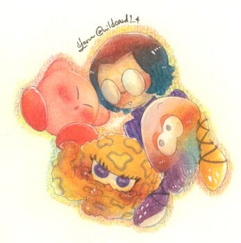 1other 3girls alternate_form glasses highres inkling_(swim_form) kirby kirby_(series) multiple_girls nintendo octoling_(swim_form) round_eyewear signature splatoon_(series) splatoon_3 squid tao_blu tosh_(splatoon) twitter_username white_background wildcard1_4 yoko_(splatoon)