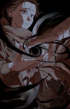 2boys 8_humi aldebaran_(re:zero) bandaged_arm bandages biting biting_own_lip black_background black_eyes brown_hair closed_mouth crying dark_background furrowed_brow hair_slicked_back hands_up highres lips long_sleeves looking_to_the_side magic male_focus multiple_boys natsuki_subaru re:zero_kara_hajimeru_isekai_seikatsu scarf short_hair simple_background solo torn_clothes upper_body upside-down