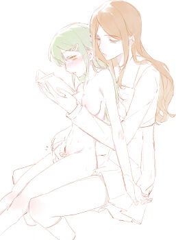 2girls arupa bang_dream! bang_dream!_it&#039;s_mygo!!!!! blush book brown_hair chinese_commentary clothed_female_nude_female commentary_request fingering green_hair hair_ornament hairclip highres holding holding_book kneehighs long_hair multiple_girls nagasaki_soyo nude open_mouth pussy_juice reach-around school_uniform simple_background sitting sitting_on_lap sitting_on_person socks sweat tsukinomori_school_uniform wakaba_mutsumi white_background yellow_eyes yuri