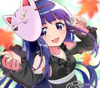 1girl blue_hair blush commentary falling_leaves fox_mask furude_rika higurashi_no_naku_koro_ni higurashi_no_naku_koro_ni_gou leaf long_hair looking_at_viewer mashimaro_tabetai mask open_mouth purple_eyes smile solo