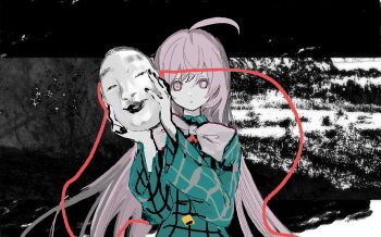 1girl ahoge aqua_shirt black_nails cerevevisiae closed_mouth collared_shirt expressionless hata_no_kokoro highres holding holding_mask long_hair long_sleeves looking_at_viewer mask monochrome_background nail_polish pink_eyes pink_hair plaid_clothes plaid_shirt shirt solo touhou upper_body very_long_hair