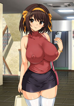 1girl alternate_breast_size_(larger) bag black_skirt breasts brown_hair cellphone commentary_request covered_erect_nipples hair_ribbon hairband haruhisky highres holding holding_bag holding_phone huge_breasts indoors medium_hair pencil_skirt phone red_sweater ribbon shopping_bag skirt sleeveless sleeveless_sweater smartphone suzumiya_haruhi suzumiya_haruhi_no_yuuutsu sweater thighhighs turtleneck turtleneck_sweater white_thighhighs yellow_hairband yellow_ribbon