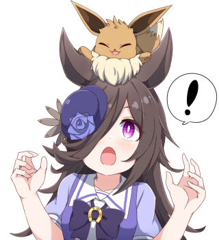 ! 1girl animal_ears brown_hair commentary_request crossover eevee gen_1_pokemon hat hiro_(pqtks113) horse_ears horse_girl long_hair nintendo pokemon pokemon_(creature) purple_eyes purple_hat rice_shower_(umamusume) school_uniform simple_background spoken_exclamation_mark tilted_headwear tracen_school_uniform umamusume upper_body white_background
