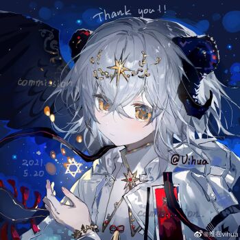 1girl black_horns black_wings chinese_commentary closed_mouth commentary_request commission crossed_bangs dated english_text expressionless grey_hair hair_between_eyes hand_up highres horns jacket long_sleeves medium_hair open_clothes open_jacket original shirt single_wing solo thank_you vihua6 watermark weibo_watermark white_jacket white_shirt wings yellow_eyes