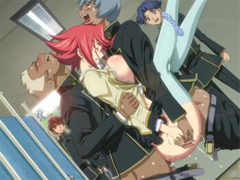 1girl 4boys anal arm_grab boy_sandwich breast_press breasts breasts_out censored clenched_teeth closed_eyes clothed_sex clothes_lift code_geass crying cum cum_in_pussy cumdrip dark-skinned_male dark_skin double_penetration eyebrows from_side game_cg group_sex head_back held_up hetero interlocked_fingers kouzuki_kallen kururugi_suzaku large_breasts legs_up long_sleeves messy_hair multiple_boys multiple_penetration nishikawa_takashi no_bra open_clothes open_mouth open_shirt panties panties_around_leg public_use pussy_juice rape red_hair public_restroom rivalz_cardemonde saliva sandwiched school scowl sex shiny_skin shirt short_hair skirt skirt_lift sweat tears teeth thighhighs underwear vaginal watching