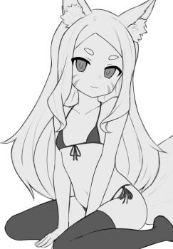 1girl animal_ear_fluff animal_ears artist_request between_legs bikini black_bikini collarbone front-tie_top hand_between_legs long_hair looking_at_viewer navel non-web_source panties rabbit_ears sewayaki_kitsune_no_senko-san shiro_(sewayaki_kitsune_no_senko-san) side-tie_panties simple_background sitting smile solo source_request swimsuit tail thighhighs underwear very_long_hair wariza white_background