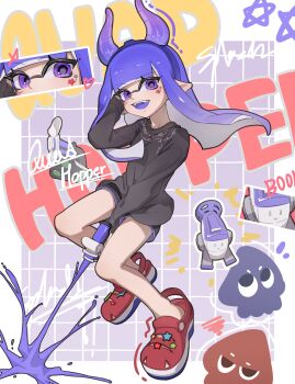 1girl :d absurdres autobomb_(splatoon) black_shirt black_shorts border chu_u0spl dolphin_shorts eyelashes facial_mark fake_horns floating_hair grid_background highres horns inkling inkling_girl inkling_player_character long_hair long_sleeves looking_at_viewer nintendo open_mouth outside_border pointy_ears purple_background purple_eyes purple_hair purple_trim red_sandals sandals shirt shorts smile solo splatoon_(series) splatoon_3 star_(symbol) star_facial_mark teeth tentacle_hair tetra_dualies_(splatoon) upper_teeth_only white_border