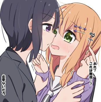 2girls black_hair black_jacket blush cardigan commentary_request enami_kiyose eye_contact food green_eyes highres holding holding_another&#039;s_wrist holding_food holding_pocky imminent_kiss jacket long_hair looking_at_another miruzawa_akechi multiple_girls open_mouth orange_hair pocky purple_cardigan purple_eyes short_hair slow_start sweat teacher_and_student tokura_eiko yuri