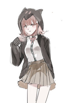 Rule 34 | 1girl, :d, a-ru (r dngn), animal ears, black jacket, black shirt, breasts, brown hair, brown skirt, commentary request, cowboy shot, danganronpa (series), danganronpa 2: goodbye despair, dress shirt, fake animal ears, hair ornament, highres, hood, hood up, hooded jacket, jacket, large breasts, long sleeves, looking at viewer, medium hair, miniskirt, nanami chiaki, open clothes, open jacket, open mouth, pink eyes, pleated skirt, shirt, shirt tucked in, simple background, skirt, smile, solo, triangle hair ornament, white background, white shirt
