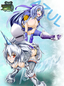 Rule 34 | 2girls, armor, armored boots, azure (armor), bent over, blue eyes, blue hair, boots, breasts, bunny hop, capcom, cleavage, downblouse, fur trim, grin, hanging breasts, highres, horns, huge breasts, jumping, kirin (armor), knee boots, large breasts, looking at viewer, monster hunter (series), monster hunter frontier, multiple girls, mun, open mouth, red eyes, silver hair, single horn, smile, spread legs, teeth, thighhighs, tsurime
