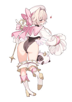 1boy ass beatmania_iidx beige_hair bemani black_leotard blush boots bow brown_hair bulge clothes_pull cropped_shirt fang feathered_wings frilled_sleeves frills from_behind hair_intakes hat high_heel_boots high_heels highleg highleg_leotard holding holding_staff horns leotard long_sleeves looking_at_viewer looking_back magical_boy male_focus mutsutake nose_blush open_mouth pink_bow pink_eyes profile ribbon sailor_collar sailor_hat sailor_shirt sheep sheep_horns shirt short_hair_with_long_locks shorts shorts_pull simple_background skin_fang sleeves_past_fingers sleeves_past_wrists solo staff standing standing_on_one_leg trap white_background white_boots white_hat wings
