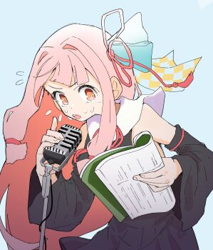 1girl absurdres black_dress blue_background book bright_pupils collared_dress commentary_request detached_sleeves dress floating_hair flying_sweatdrops hair_intakes hair_ribbon highres holding holding_book holding_microphone index_finger_raised kotonoha_akane long_hair low-tied_sidelocks microphone microphone_stand nervous_sweating open_mouth orange_eyes pink_hair reading red_ribbon ribbon script sidelocks simple_background sleeveless sleeveless_dress solo sweat upper_body uraya_nagi v-shaped_eyebrows very_long_hair voiceroid white_pupils wide_sleeves