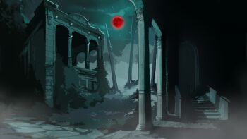 ballads_at_midnight building cobblestone column courtyard highres moon night no_humans non-web_source official_art outdoors path pillar red_moon road scenery sky stairs star_(sky) starry_sky