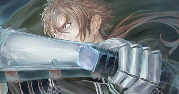 Rule 34 | 1boy, armor, brown hair, cape, ear piercing, gauntlets, green cape, green eyes, highres, holding, holding sword, holding weapon, male focus, mushoku tensei, paul greyrat, piercing, rattail, solo, sword, tayanano5, weapon