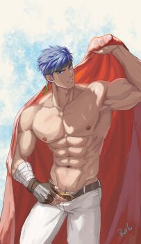 1boy abs absurdres artist_name bara belt blue_eyes blue_hair cape commentary fire_emblem fire_emblem:_radiant_dawn green_headband headband highres holding holding_unworn_cape holding_unworn_clothes ike_(fire_emblem) large_pectorals looking_at_viewer male_focus muscular muscular_male navel navel_hair nintendo nipples pants parted_lips pectorals rol_730 short_hair solo topless_male unworn_cape