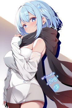 1girl absurdres black_scarf blue_eyes blue_hair blush breasts commentary_request detached_sleeves grey_background hair_between_eyes hair_ornament highres large_breasts long_sleeves looking_at_viewer medium_hair origami_aya original parted_lips scarf shirt sidelocks signature simple_background skirt solo standing two-tone_background white_background white_shirt white_skirt