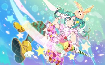 Rule 34 | 1girl, angel wings, animal-themed food, aqua background, aqua eyes, aqua hair, aqua thighhighs, black thighhighs, blue background, boots, bow, candy, candy cane, cape, checkered background, checkered clothes, checkered hat, checkered scarf, checkered shirt, closed mouth, cute weapon, dot nose, expressionless, fake wings, floating, floating hair, food, food-themed weapon, frilled gloves, frills, full body, gloves, googly eyes, gradient background, hair ornament, hairclip, hat, hat bow, highres, holding, holding wand, ice cream, light frown, light particles, long hair, magic, magical girl, mahou shoujo madoka magica, mahou shoujo madoka magica magia exedra, mini hat, mini wings, miniskirt, monogatari (series), multicolored thighhighs, ononoki yotsugi, orange bow, orange hat, outline, petticoat, pink bow, pink shirt, pink skirt, pleated skirt, puffy short sleeves, puffy sleeves, rubber boots, scarf, shirt, short sleeves, skirt, sleeve bow, solo, sparkle, star (symbol), star hair ornament, striped clothes, striped thighhighs, thick eyebrows, thighhighs, tsurime, turtleneck capelet, twintails, two-tone bow, two-tone hat, two-tone thighhighs, unmoving pattern, v, wand, weapon, white cape, white gloves, white outline, white wings, winged boots, winged wand, wings, wrist bow, yellow boots, yellow bow, yellow hat