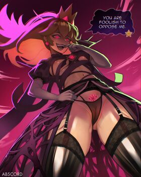 abscord absurdres ass black_lips blonde_hair commentary crown dark_persona dress elbow_gloves english_commentary english_text engrish_text garter_belt garter_straps gloves gluteal_fold highres jewelry juliet_sleeves long_hair long_sleeves looking_at_viewer mario_(series) medici_collar navel nintendo nipples panties paper_mario possessed princess_peach pubic_tattoo puffy_sleeves purple_dress ranguage red_eyes see-through_clothes see-through_panties shadow_queen super_star_(mario) tattoo underwear