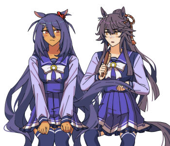 Rule 34 | 2girls, animal ears, bandaid, bandaid on face, bandaid on nose, black hair, blush, bow, bowtie, breasts, brushing another's hair, brushing hair, closed mouth, dark-skinned female, dark skin, ear ornament, ear scrunchie, fang, hair between eyes, hair brush, hair ornament, hairclip, highres, hishi amazon (umamusume), holding, holding hair brush, horse ears, horse girl, horse tail, hwipa (param blue), long hair, long sleeves, multiple girls, narita brian (umamusume), open mouth, ponytail, purple sailor collar, purple serafuku, purple shirt, purple skirt, purple thighhighs, red eyes, rope, sailor collar, sailor shirt, school uniform, serafuku, shimenawa, shirt, skirt, sweatdrop, tail, thighhighs, tracen school uniform, umamusume, very long hair, white bow, white bowtie