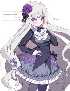 Rule 34 | 1girl, accurate lolita coord, anger vein, artist name, ascot, black bow, black jacket, black pantyhose, blush, bow, bowtie, breasts, buttons, center frills, clenched hand, closed mouth, collared shirt, cowboy shot, curly hair, dotted line, double-breasted, flower, flying sweatdrops, framed breasts, frilled skirt, frills, gothic lolita, gothic wa mahou otome, grey shirt, grey skirt, hair bow, hair flower, hair ornament, hand on own hip, hand up, high-waist skirt, highres, jacket, kote1, layered skirt, lolita fashion, long hair, long sleeves, looking ahead, medium skirt, neck flower, odaibako, pantyhose, purple flower, purple hair, purple rose, purple skirt, request inset, rosalie (gothic wa mahou otome), rose, shirt, simple background, skirt, sleeves past wrists, small breasts, solo, standing, sweatdrop, talking, translation request, twitter username, two-tone skirt, v-shaped eyebrows, very long hair, white ascot, white background, white bow, white bowtie, white hair, wing collar