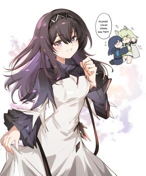 >_< 3girls :d anger_vein animal_ear_fluff animal_ears arknights arya_melati black_coat black_hair black_hairband blush breasts brown_hair cat_ears chibi chibi_inset cleavage cleavage_cutout clothing_cutout coat commentary cosplay cowboy_shot doctor_(arknights) dress english_commentary female_doctor_(arknights) flying_sweatdrops frilled_sleeves frills green_dress green_eyes green_hair grin hair_between_eyes hairband highres hood hood_down hooded_coat kal'tsit_(arknights) long_hair long_sleeves looking_at_viewer multiple_girls open_mouth parted_lips priestess_(arknights) purple_eyes skirt_hold small_breasts smile solo_focus symbol-shaped_pupils theresa_(arknights) theresa_(arknights)_(cosplay) white_background white_dress