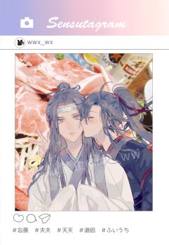 2boys ahoge amana_raika black_hair black_hanfu blush chinese_clothes chinese_text closed_eyes closed_mouth couple fake_screenshot food food-themed_background hair_bun hair_ribbon hanfu headband heart highres kiss kissing_cheek lan_wangji long_hair long_sleeves looking_at_viewer male_focus modao_zushi multiple_boys photo_background ponytail profile red_ribbon ribbon robe sash selfie sidelocks social_network topknot twitter_username upper_body w watermark wei_wuxian white_hanfu white_headband xiao_guan_(headdress) yaoi yellow_eyes
