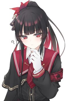 Rule 34 | 1girl, ?, absurdres, alternate hairstyle, armband, black capelet, black hair, black shirt, blunt bangs, capelet, closed mouth, collared shirt, commentary request, flower, gloves, hair flower, hair ornament, hand on own chin, hand up, highres, ise dango, long hair, long sleeves, looking at viewer, mahou shoujo no majo saiban, necktie, nikaido hiro, ponytail, red armband, red eyes, red flower, red necktie, shirt, simple background, solo, upper body, white background, white gloves