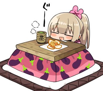 1girl chibi chibi_only closed_eyes drooling eggplant food fruit green_tea hair_ornament kanikama kotatsu mandarin_orange natori_sana natori_sana_(school_uniform) open_mouth ponytail rabbit_hair_ornament sana_channel sleeping snoring solo table tea virtual_youtuber