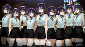 6+girls arms_behind_back black_choker black_ribbon black_shorts black_thighhighs chainsaw_man choker clone dreamoon-q green_eyes hair_between_eyes hair_bun highres looking_at_viewer multiple_girls neck_ribbon purple_hair reze_(chainsaw_man) ribbon shirt shorts sleeveless sleeveless_shirt thighhighs white_shirt