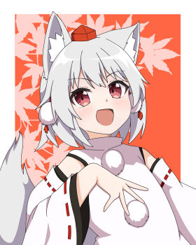 1girl absurdres animal_ears commentary detached_sleeves grey_hair hand_on_own_chest hat highres inubashiri_momiji looking_at_viewer open_mouth pom_pom_(clothes) red_background red_eyes red_hat ribbon-trimmed_sleeves ribbon_trim shirt short_hair sleeveless sleeveless_shirt smile solo tail tokin_hat touhou tsukumo_charu turtleneck turtleneck_shirt upper_body white_shirt white_sleeves wolf_ears wolf_girl wolf_tail
