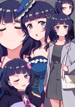 1girl absurdres asaka_karin bag birthday blue_eyes blue_hair blush breasts cleavage collarbone commentary cream_(nipakupa) grey_background hat highres jacket looking_at_viewer love_live! love_live!_nijigasaki_high_school_idol_club love_live!_nijigasaki_high_school_idol_club_next_sky medium_hair mole mole_on_collarbone multiple_moles multiple_views one_eye_closed shoulder_bag starlight_(love_live!)