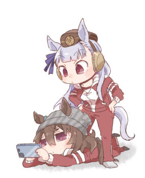2girls animal_ears beanie beer_hsk blue_bow bow brown_hair brown_hat cellphone ear_bow ear_covers ears_through_headwear gold_ship_(umamusume) grey_hair grey_hat hair_between_eyes hat holding holding_phone horse_ears horse_girl horse_tail jacket leg_up long_hair long_sleeves lying mini_hat multiple_girls nakayama_festa_(umamusume) on_stomach pants phone purple_eyes red_eyes red_jacket red_pants shadow standing striped_clothes striped_headwear tail track_jacket track_pants track_suit umamusume vertical-striped_clothes vertical-striped_headwear very_long_hair white_background