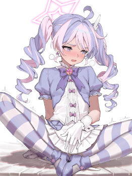 1girl absurdres ahoge blue_archive bow bowtie commentary_request drill_hair fuujin_(windust_michio) gloves hair_ornament halo highres long_hair magical_girl multicolored_hair pantyhose pink_hair puffy_short_sleeves puffy_sleeves purple_bow purple_bowtie purple_eyes purple_hair purple_pantyhose reisa_(blue_archive) reisa_(magical)_(blue_archive) shoes short_sleeves sitting solo star_(symbol) star_hair_ornament star_halo striped_clothes striped_pantyhose twin_drills twintails two-tone_hair two-tone_pantyhose very_long_hair white_gloves wing_hair_ornament winged_shoes wings