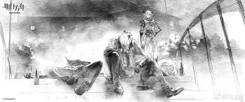 Rule 34 | 1girl, 2boys, animal ears, arknights, beer bottle, bottle, chinese commentary, commentary request, copyright logo, copyright name, degenbrecher (arknights), drunk, empty bottle, faux traditional media, formal clothes, gnosis (arknights), greyscale, highres, holding, holding bottle, logo, looking at another, looking down, looking up, lying, male focus, monochrome, multiple boys, official art, on back, on ground, outdoors, ruint, silverash (arknights), sitting, snow leopard ears, stairs, standing, suit, tail, watermark, weibo watermark