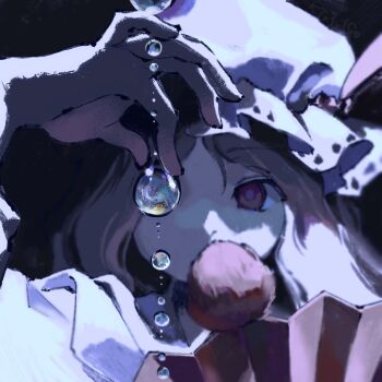 Rule 34 | 1girl, absurdres, black background, blonde hair, commentary, folding fan, hand fan, hat, highres, kaigen 1025, long hair, looking at viewer, mob cap, red eyes, solo, touhou, upper body, watatsuki no toyohime, water drop, white hat