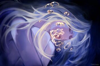 1girl asphyxiation blue_background bubble closed_eyes commentary commission drowning english_commentary fetal_position long_hair nude open_mouth original solo txasttszu underwater white_hair