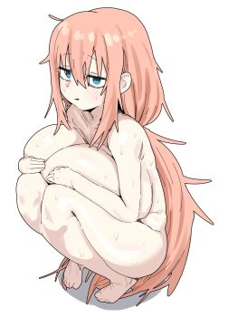1girl bags_under_eyes blue_eyes blush breasts breasts_on_lap citizen_k_(pngj5475) cleavage completely_nude covering_breasts covering_privates crouching from_side highres huge_breasts long_hair low_ponytail michinoku_komaro nude pink_hair ponytail seitokai_ni_mo_ana_wa_aru! shortstack smile solo squatting sweat very_long_hair white_background