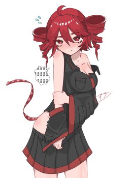 1girl ahoge arm_under_breasts artist_name ass bare_shoulders black_shirt black_skirt blush breast_pocket breasts cleavage closed_mouth collarbone commentary cowboy_shot detached_sleeves drill_hair eyelashes flying_sweatdrops groin hair_between_eyes hand_on_own_arm highres kasane_teto long_hair medium_breasts no_bra no_panties nose_blush off_shoulder pocket red_eyes red_hair red_trim seibutsu_(kaibu23_seibutu) shirt signature simple_background skirt sleeveless sleeveless_shirt solo speech_bubble standing strap thick_eyebrows thought_bubble translated turning_head twin_drills undressing upturned_eyes utau white_background wide_sleeves