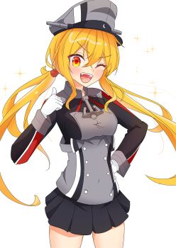 1girl absurdres black_skirt blonde_hair breasts commentary_request cosplay gloves hat highres kantai_collection long_hair long_sleeves low_twintails medium_breasts military_uniform miniskirt natsu_chiki one_eye_closed open_mouth peaked_cap pleated_skirt prinz_eugen_(kancolle) prinz_eugen_(kancolle)_(cosplay) satsuki_(kancolle) skirt smile solo twintails twintails_day very_long_hair white_gloves yellow_eyes