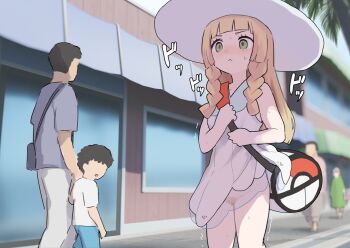 2girls 3boys :&lt; bag blonde_hair blunt_bangs braid building closed_mouth collared_dress commentary_request day dress duffel_bag exhibitionism female_pubic_hair green_eyes hat holding_strap lillie_(pokemon) long_hair multiple_boys multiple_girls nintendo no_panties outdoors poke_ball_theme pokemon pokemon_sm pubic_hair public_indecency samidare_(hoshi) see-through_clothes sleeveless sleeveless_dress standing sun_hat sundress sweat tree trembling twin_braids white_dress white_headwear window