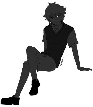 1boy antenna_hair arm_support artist_name black_hair black_shirt black_shoes black_shorts black_skin black_socks black_sweater_vest closed_mouth collared_shirt colored_skin commentary crossed_legs double-parted_bangs english_commentary full_body hair_between_eyes highres looking_at_viewer maisani male_focus omori shirt shoes short_hair short_sleeves shorts sidelocks simple_background smile smug socks solo stranger_(omori) sweater_vest white_background white_eyes