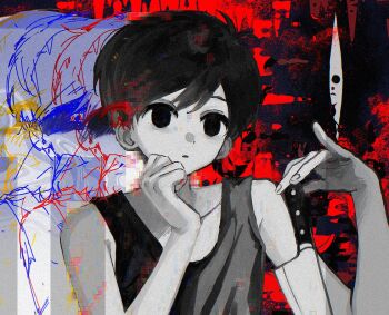 1boy antenna_hair black_eyes black_hair black_tank_top closed_mouth collarbone colored_skin double-parted_bangs hair_between_eyes holding holding_knife knife male_focus omori omori_(omori) rou_(h_s_sinrin) short_hair solo something_(omori) tank_top upper_body white_skin