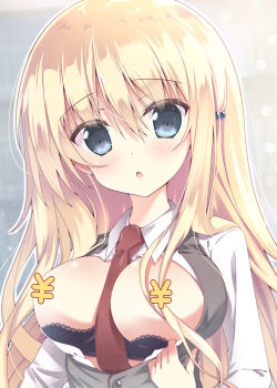 1girl :o absurdres between_breasts black_bra blonde_hair blush bra bra_pull breasts breasts_out censored chief_(sakura_no_kumo) clothes_pull collared_shirt commentary_request eyes_visible_through_hair grey_background grey_eyes grey_vest hair_between_eyes hand_up highres large_breasts long_hair long_sleeves looking_at_viewer necktie necktie_between_breasts novelty_censor open_clothes open_mouth open_shirt open_vest outline red_necktie sakura_no_kumo_scarlet_no_koi shirt simple_background solo sukonbu385 underwear upper_body very_long_hair vest watermark white_outline white_shirt yen_sign