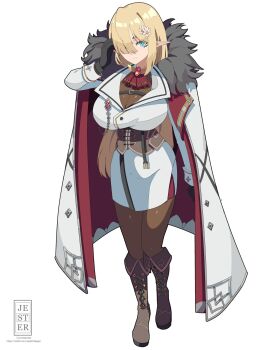 1girl belt black_fur black_gloves blonde_hair blue_eyes boots breasts brown_boots brown_pantyhose cape cleavage coat corset elf flower_hairpin full_body fur-trimmed_coat fur_trim gloves hair_ornament hair_over_one_eye highres huge_breasts jacket jesternalagon knee_boots lace-up_boots long_hair long_sleeves looking_at_viewer original pantyhose pointy_ears see-through_cleavage see-through_clothes skirt solo standing white_background white_coat white_jacket white_skirt