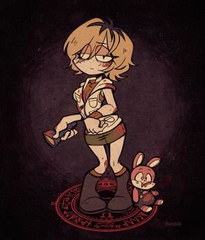 Rule 34 | 1girl, black eyes, blonde hair, blood, blood on clothes, blood on face, boots, brown boots, closed mouth, commentary, flashlight, freckles, green skirt, hair between eyes, heather mason, highres, holding, holding flashlight, looking at viewer, multicolored hair, robbie the rabbit, roots (hair), short hair, silent hill (series), silent hill 3, skirt, solo, valbun